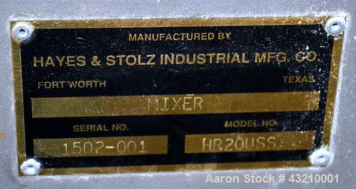 Used Hayes & Stolz Double Spiral Ribbon Blender, 20 Cubic Feet Working Capacity, Model HR20USS, 304 Stainless Steel. Non-jacketed trough 26" wide x 69" long x approximately 28" deep. 3-1/2" Diameter ...