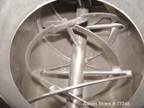 USED: Hayes & Stolz double spiral ribbon blender, model HR20USS, 20 cu ft working capacity, 304 stainless steel. Non-jacketed trough 26" wide x 68" long x approx 28" deep. 3-1/2" diameter shaft, inne...
