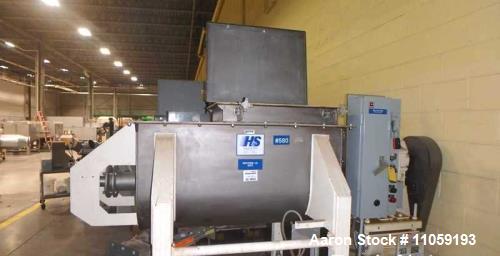 Used- Hayes & Stolz 10 Cubic Foot Stainless Steel Ribbon Blender, Model HRSS10-695. Approximate 44" x 22.5" wide x 24" deep....