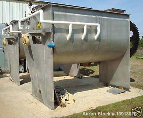 Used Hayes & Stolz Double Ribbon Blender. Manufactured 1998. 260 cubic foot, food grade stainless steel, 40 hp drive, 10 rpm at ribbon, covered top with (2) 7" and (2) 25" square inlets. Approximatel...