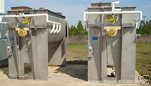 Used Hayes & Stolz Double Ribbon Blender. Manufactured 1998. 260 cubic foot, food grade stainless steel, 40 hp drive, 10 rpm at ribbon, covered top with (2) 7" and (2) 25" square inlets. Approximatel...