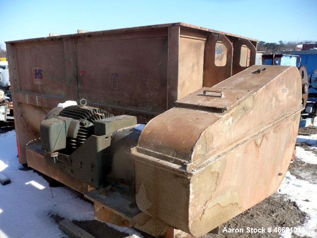 Used Hayes & Stolz Ribbon Blender, 128 Cubic Feet, Carbon Steel. Approximately 58" wide x 103" long trough, double ribbon, chain and sproket driven with 30hp motor drive.