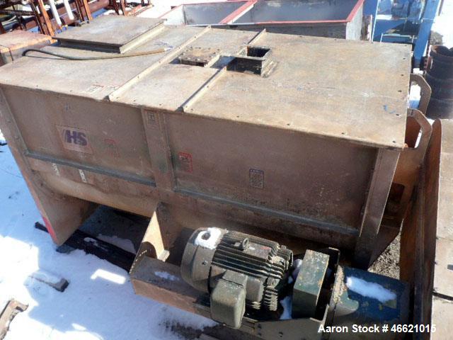 Used Hayes & Stolz Ribbon Blender, 128 Cubic Feet, Carbon Steel. Approximately 58" wide x 103" long trough, double ribbon, chain and sproket driven with 30hp motor drive.
