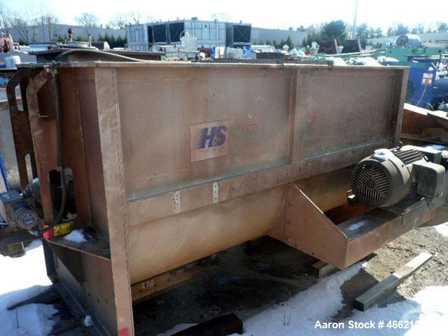 Used Hayes & Stolz Ribbon Blender, 128 Cubic Feet, Carbon Steel. Approximately 58" wide x 103" long trough, double ribbon, chain and sproket driven with 30hp motor drive.