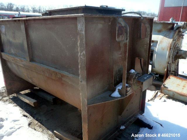 Used Hayes & Stolz Ribbon Blender, 128 Cubic Feet, Carbon Steel. Approximately 58" wide x 103" long trough, double ribbon, chain and sproket driven with 30hp motor drive.
