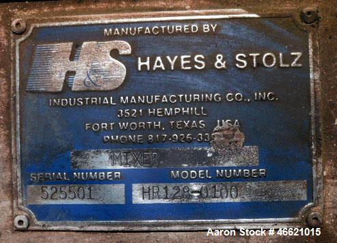 Used Hayes & Stolz Ribbon Blender, 128 Cubic Feet, Carbon Steel. Approximately 58" wide x 103" long trough, double ribbon, chain and sproket driven with 30hp motor drive.