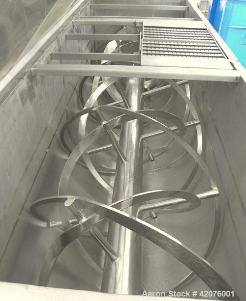 Used S. Howes Double Spiral Ribbon Blender, 170 cubic feet working capacity, 321 stainless steel. Non-jacketed trough 48" wide x 144" long x approximately 55" deep. 8" diameter shaft. Inner ribbon 2-...