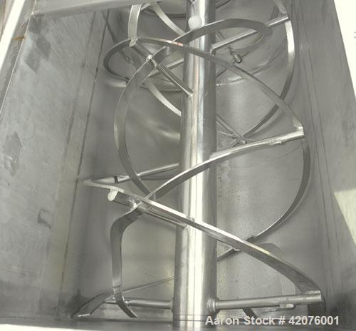 Used S. Howes Double Spiral Ribbon Blender, 170 cubic feet working capacity, 321 stainless steel. Non-jacketed trough 48" wide x 144" long x approximately 55" deep. 8" diameter shaft. Inner ribbon 2-...