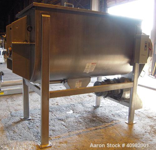 Used Aaron Process Ribbon Blender, Model IMB 75, WORKING CAPACITY: 75 cubic feet. TROUGH: Constructed of stainless steel material on all product contact areas, all external stiffeners, legs, ribs and...