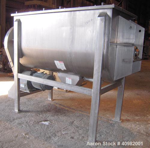 Used Aaron Process Ribbon Blender, Model IMB 75, WORKING CAPACITY: 75 cubic feet. TROUGH: Constructed of stainless steel material on all product contact areas, all external stiffeners, legs, ribs and...