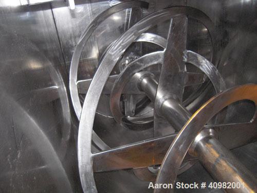 Used Aaron Process Ribbon Blender, Model IMB 75, WORKING CAPACITY: 75 cubic feet. TROUGH: Constructed of stainless steel material on all product contact areas, all external stiffeners, legs, ribs and...