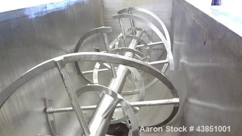 Used J H Day Double Spiral Ribbon Blender, Model 44X10, 120 Cubic Feet Working Capacity (144 Total), 304 Stainless Steel. Non-Jacketed trough 44" wide x 120" long x approximately 51" deep. 5-1/4" Dia...