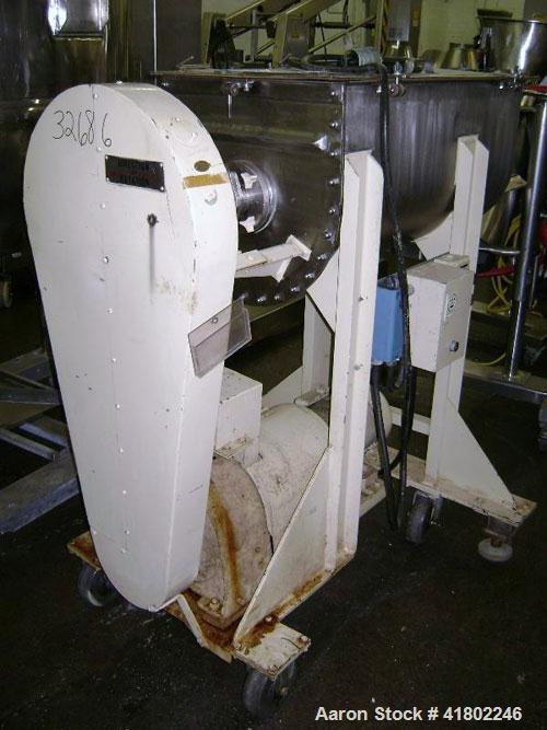 Used J.H. Day Double Spiral Ribbon Blender, Model B, 5 cubic feet working capacity (6 total), stainless steel. Non-jacketed trough 17" wide x  28" long x approximately 18" deep. Approximately 3" diam...