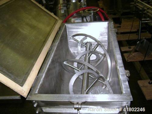 Used J.H. Day Double Spiral Ribbon Blender, Model B, 5 cubic feet working capacity (6 total), stainless steel. Non-jacketed trough 17" wide x  28" long x approximately 18" deep. Approximately 3" diam...