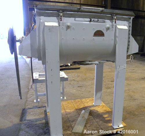 Used J.H. Day Double Spiral Ribbon Blender, model C, 10.8 cubic feet working capacity (12.5 total), 304 stainless steel. Carbon steel jacketed trough 21" wide x 48" long x approximately 24" deep, rat...