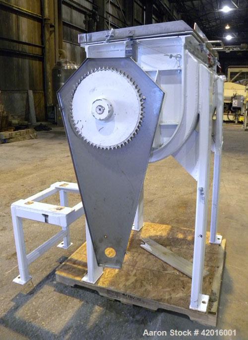 Used J.H. Day Double Spiral Ribbon Blender, model C, 10.8 cubic feet working capacity (12.5 total), 304 stainless steel. Carbon steel jacketed trough 21" wide x 48" long x approximately 24" deep, rat...