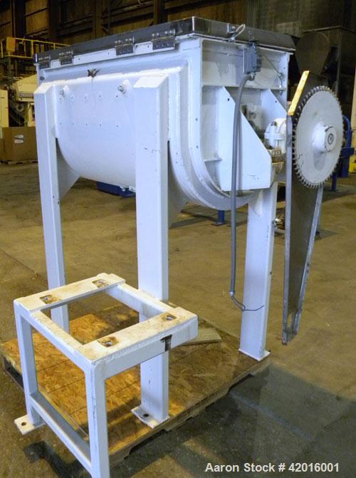 Used J.H. Day Double Spiral Ribbon Blender, model C, 10.8 cubic feet working capacity (12.5 total), 304 stainless steel. Carbon steel jacketed trough 21" wide x 48" long x approximately 24" deep, rat...