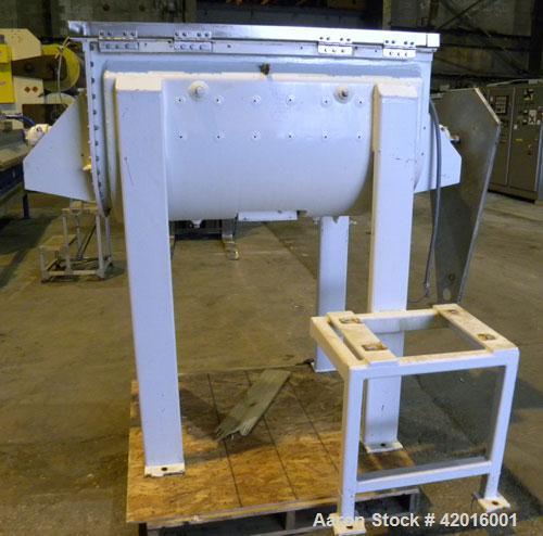 Used J.H. Day Double Spiral Ribbon Blender, model C, 10.8 cubic feet working capacity (12.5 total), 304 stainless steel. Carbon steel jacketed trough 21" wide x 48" long x approximately 24" deep, rat...