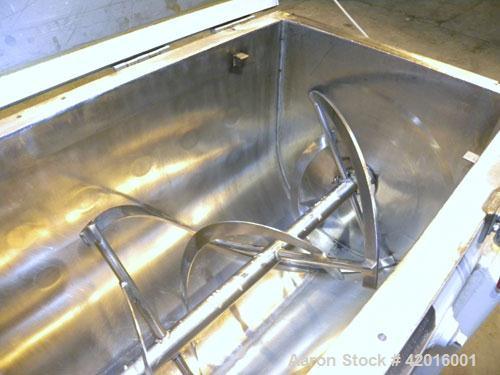Used J.H. Day Double Spiral Ribbon Blender, model C, 10.8 cubic feet working capacity (12.5 total), 304 stainless steel. Carbon steel jacketed trough 21" wide x 48" long x approximately 24" deep, rat...