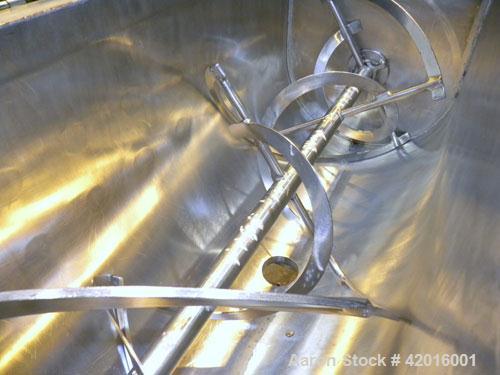 Used J.H. Day Double Spiral Ribbon Blender, model C, 10.8 cubic feet working capacity (12.5 total), 304 stainless steel. Carbon steel jacketed trough 21" wide x 48" long x approximately 24" deep, rat...