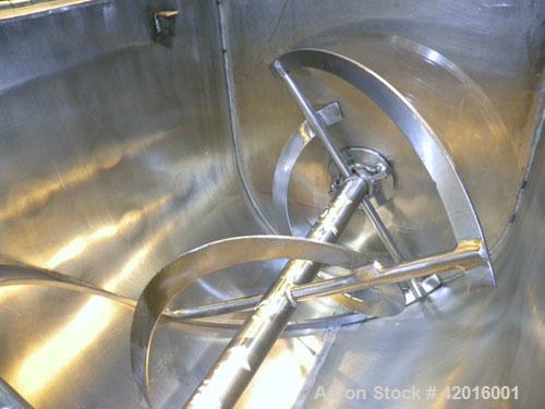 Used J.H. Day Double Spiral Ribbon Blender, model C, 10.8 cubic feet working capacity (12.5 total), 304 stainless steel. Carbon steel jacketed trough 21" wide x 48" long x approximately 24" deep, rat...