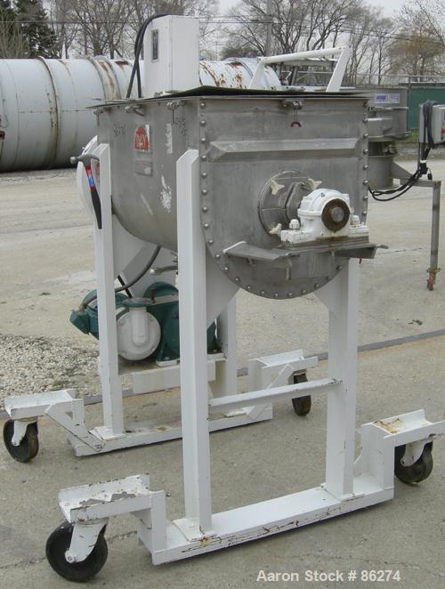 USED: J H Day double spiral ribbon blender, 10.8 cubic feet working capacity, 12.5 total, 304 stainless steel. Non-jacketed trough 21" wide x 48" long x approx 24" deep. 2" diameter shaft, inner ribb...