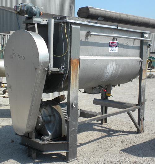 Used J.H. Day Double Spiral Ribbon Blender, model F, 54 cubic feet working capacity (59 total), 316 stainless steel. Jacketed trough 34" wide x 90" long x approximately 40" deep, rated 14.9 psi. 304 ...