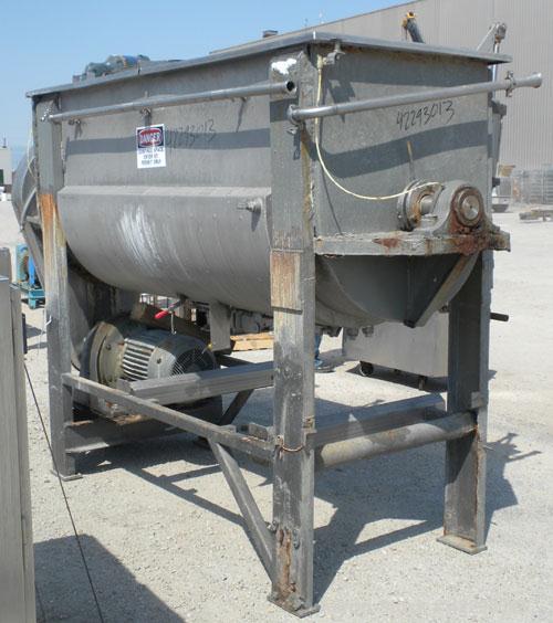 Used J.H. Day Double Spiral Ribbon Blender, model F, 54 cubic feet working capacity (59 total), 316 stainless steel. Jacketed trough 34" wide x 90" long x approximately 40" deep, rated 14.9 psi. 304 ...