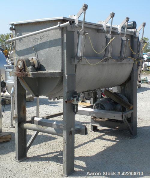 Used J.H. Day Double Spiral Ribbon Blender, model F, 54 cubic feet working capacity (59 total), 316 stainless steel. Jacketed trough 34" wide x 90" long x approximately 40" deep, rated 14.9 psi. 304 ...