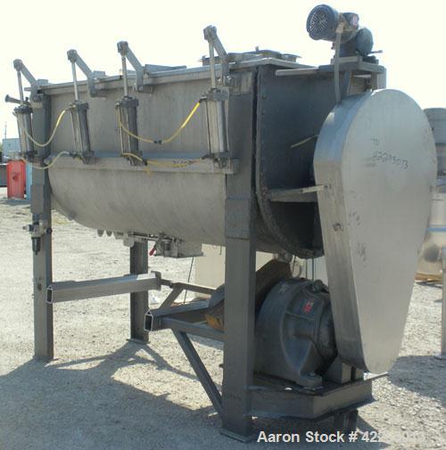 Used J.H. Day Double Spiral Ribbon Blender, model F, 54 cubic feet working capacity (59 total), 316 stainless steel. Jacketed trough 34" wide x 90" long x approximately 40" deep, rated 14.9 psi. 304 ...