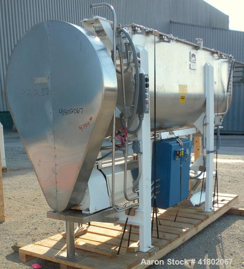 Used Day Double Spiral Ribbon Blender, Model G, 62.5 cubic feet working capacity (69 total), 304 Stainless Steel. Non-jacketed trough 36" wide x  96" long x approx 38" deep. 3" diameter shaft. Inner ...
