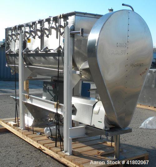 Used Day Double Spiral Ribbon Blender, Model G, 62.5 cubic feet working capacity (69 total), 304 Stainless Steel. Non-jacketed trough 36" wide x  96" long x approx 38" deep. 3" diameter shaft. Inner ...