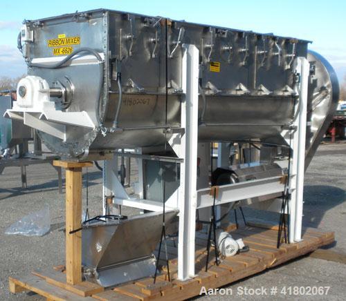 Used Day Double Spiral Ribbon Blender, Model G, 62.5 cubic feet working capacity (69 total), 304 Stainless Steel. Non-jacketed trough 36" wide x  96" long x approx 38" deep. 3" diameter shaft. Inner ...