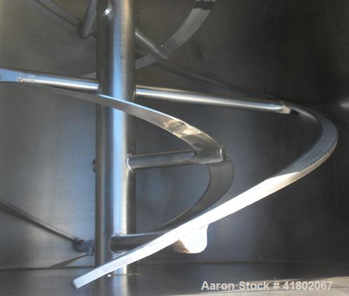 Used Day Double Spiral Ribbon Blender, Model G, 62.5 cubic feet working capacity (69 total), 304 Stainless Steel. Non-jacketed trough 36" wide x  96" long x approx 38" deep. 3" diameter shaft. Inner ...
