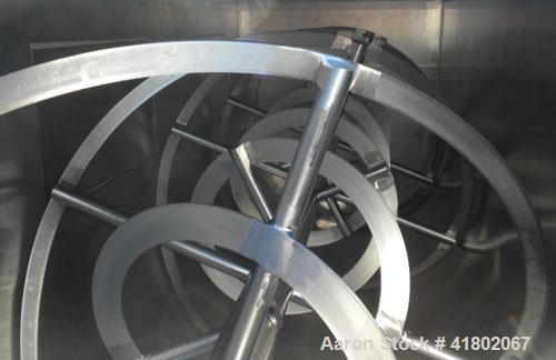 Used Day Double Spiral Ribbon Blender, Model G, 62.5 cubic feet working capacity (69 total), 304 Stainless Steel. Non-jacketed trough 36" wide x  96" long x approx 38" deep. 3" diameter shaft. Inner ...