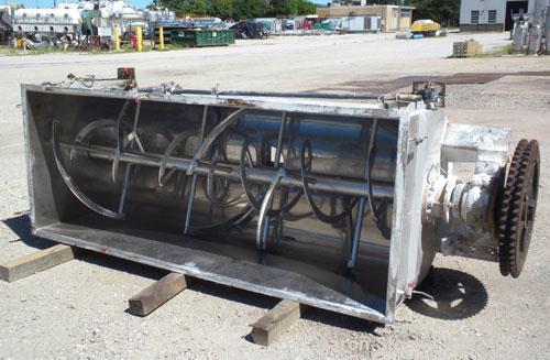 Used J.H. Day Double Spiral Ribbon Blender, Model G, 62.5 cubic feet working capacity (69 total), 304 stainless steel. Non-jacketed trough 36" wide x96" long x approximately 39" deep. 4" Diameter sha...