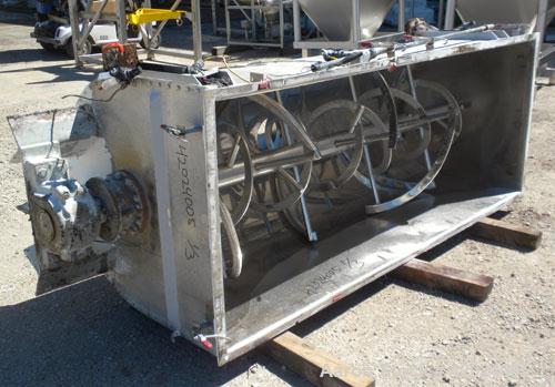 Used J.H. Day Double Spiral Ribbon Blender, Model G, 62.5 cubic feet working capacity (69 total), 304 stainless steel. Non-jacketed trough 36" wide x96" long x approximately 39" deep. 4" Diameter sha...