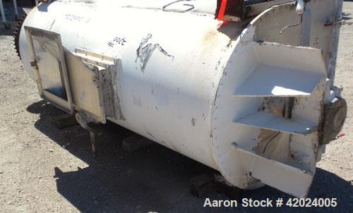 Used J.H. Day Double Spiral Ribbon Blender, Model G, 62.5 cubic feet working capacity (69 total), 304 stainless steel. Non-jacketed trough 36" wide x96" long x approximately 39" deep. 4" Diameter sha...