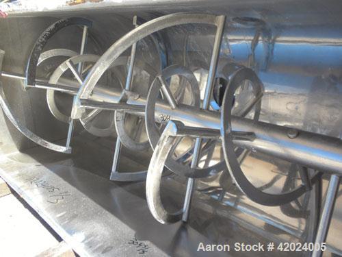 Used J.H. Day Double Spiral Ribbon Blender, Model G, 62.5 cubic feet working capacity (69 total), 304 stainless steel. Non-jacketed trough 36" wide x96" long x approximately 39" deep. 4" Diameter sha...