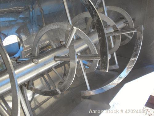 Used J.H. Day Double Spiral Ribbon Blender, Model G, 62.5 cubic feet working capacity (69 total), 304 stainless steel. Non-jacketed trough 36" wide x96" long x approximately 39" deep. 4" Diameter sha...
