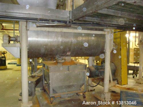 Used J H Day 60 Cubic Foot Stainless Ribbon Blender. 30 hp with stainless steel contact surface. 9' long x 44" wide x 26" deep.