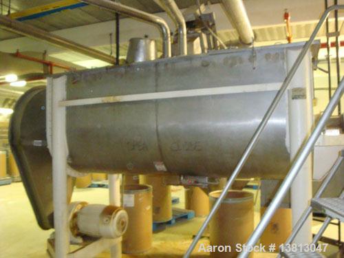 Used J H Day 50 Cubic Foot Stainless Ribbon Blender. 20 hp with stainless steel contact surface. 9' long x 44" wide x 26" deep.