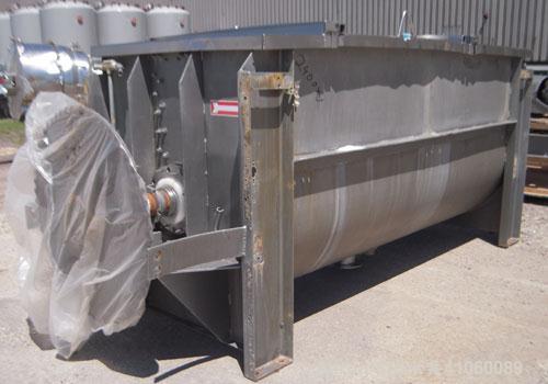 Used J.H. Day Double Spiral Ribbon Blender, 80 cubic feet working capacity, 93 total, 304 stainless steel. Non-jacketed trough 40" wide x 96" long x approximately 47" deep. 4" diameter shaft, inner r...