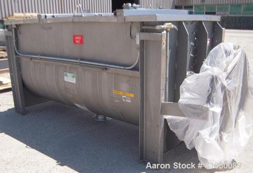 Used J.H. Day Double Spiral Ribbon Blender, 80 cubic feet working capacity, 93 total, 304 stainless steel. Non-jacketed trough 40" wide x 96" long x approximately 47" deep. 4" diameter shaft, inner r...