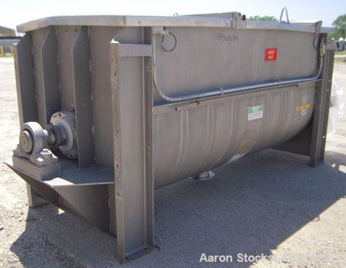 Used J.H. Day Double Spiral Ribbon Blender, 80 cubic feet working capacity, 93 total, 304 stainless steel. Non-jacketed trough 40" wide x 96" long x approximately 47" deep. 4" diameter shaft, inner r...