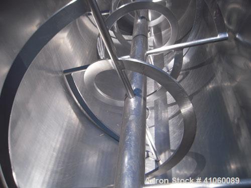 Used J.H. Day Double Spiral Ribbon Blender, 80 cubic feet working capacity, 93 total, 304 stainless steel. Non-jacketed trough 40" wide x 96" long x approximately 47" deep. 4" diameter shaft, inner r...