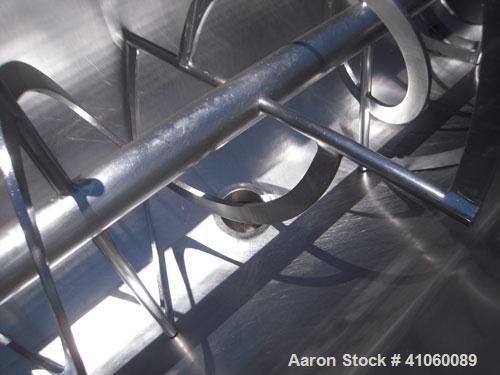 Used J.H. Day Double Spiral Ribbon Blender, 80 cubic feet working capacity, 93 total, 304 stainless steel. Non-jacketed trough 40" wide x 96" long x approximately 47" deep. 4" diameter shaft, inner r...
