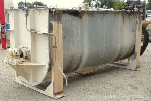 Used J.H. Day Double Spiral Ribbon Blender, 120 cubic feet working capacity. 304 stainless steel clad; carbon steel outside.  Non-jacketed trough 44" wide x 120" long x approximately 52" deep. 4-1/2"...