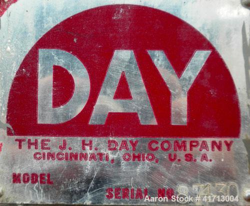 Used J.H. Day Double Spiral Ribbon Blender, 120 cubic feet working capacity. 304 stainless steel clad; carbon steel outside.  Non-jacketed trough 44" wide x 120" long x approximately 52" deep. 4-1/2"...