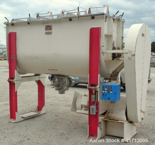 Used J.H. Day Double Spiral Ribbon Blender, 79 cubic root working capacity. 304 stainless steel clad; carbon steel outside.  Non-jacketed trough 40" wide x 96" long x approximately 47" deep. 4-1/4" d...